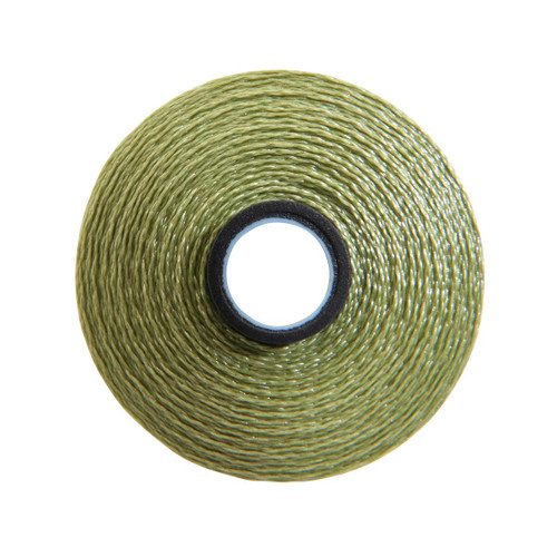 Close-up of a Glide 40 weight polyester thread bobbin in Celery, size M, with 132 yards of thread.