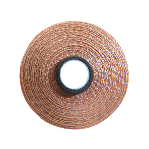 Close-up of a Glide 40 weight polyester thread bobbin in Chestnut, size M, with 132 yards of thread.