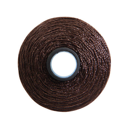 Close-up of a Glide 40 weight polyester thread bobbin in Brunette, size M, with 132 yards of thread.