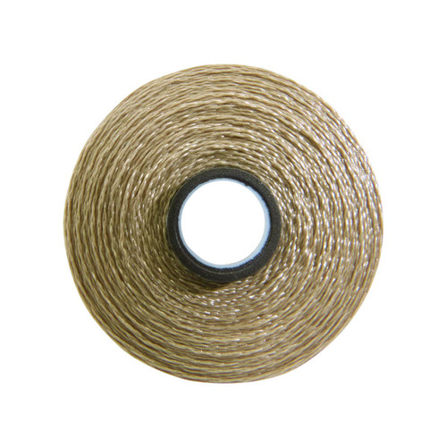 Close-up of a Glide 40 weight polyester thread bobbin in Mocha, size M, with 132 yards of thread.