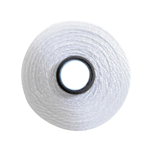Close-up of a Glide 40 weight polyester thread bobbin in White, size M, with 132 yards of thread.
