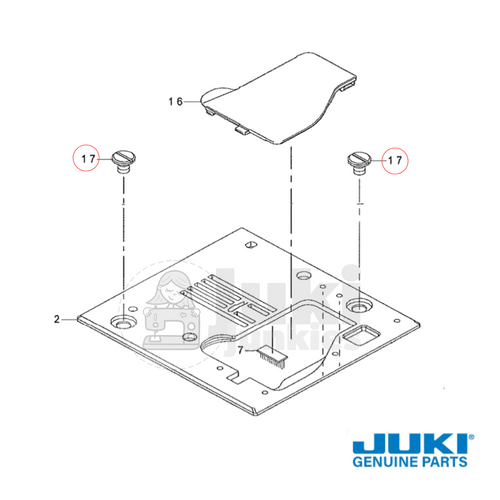 Diagram of Juki needle plate area showing where the screws go on the Juki computerized sewing machines.
