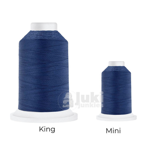 Close-up of two Cairo Quilt 50 weight Egyptian cotton thread spools in Bright Blue, showing a soft, matte finish. A large King spool (3,000 yards) and a smaller Mini spool (670 yards) are side by side for size comparison.