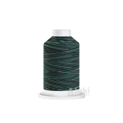 Close-up of a 500-yard spool of Harmony 40 weight variegated thread in shades of navy, teal, and mint, highlighting the color variations and matte finish.