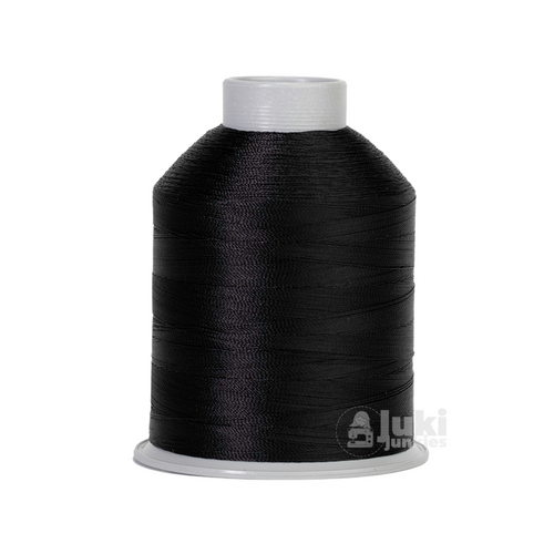 Close-up of a 2,175-yard spool of bonded nylon Tex 45 thread in Black, showing its smooth, glossy finish.