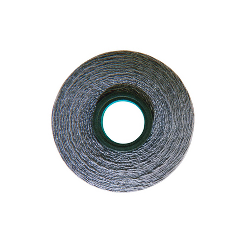 Close-up of a Magna-Quilt 50 weight cotton bobbin, size L, in Lead Grey, with 74 yards of thread.