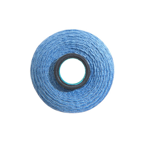 Close-up of a Magna-Quilt 50 weight cotton bobbin, size L, in Hawaiian Blue, with 74 yards of thread.