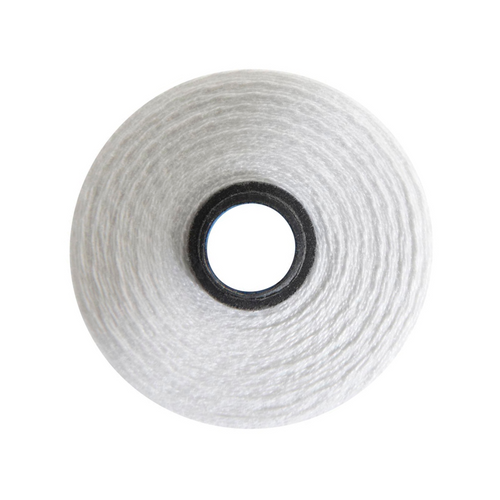 Close-up of a Magna-Quilt 50 weight cotton bobbin, size M, in White, with 132 yards of thread.