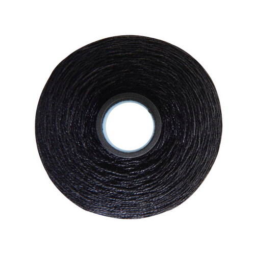 Close-up of a Magna-Quilt 50 weight cotton bobbin, size M, in Black, with 132 yards of thread.