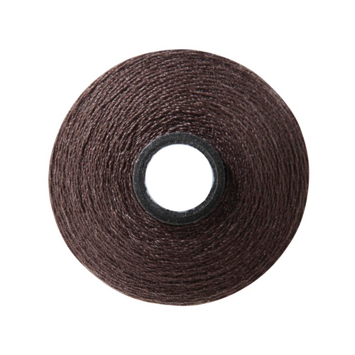Close-up of a Magna-Quilt 50 weight cotton bobbin, size M, in Dark Brown, with 132 yards of thread.
