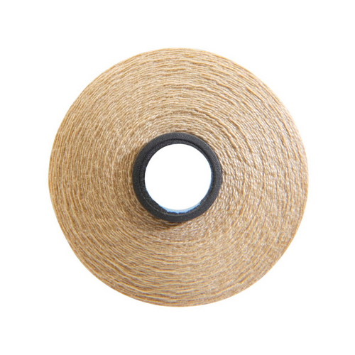 Close-up of a Magna-Quilt 50 weight cotton bobbin, size M, in Khaki, with 132 yards of thread.