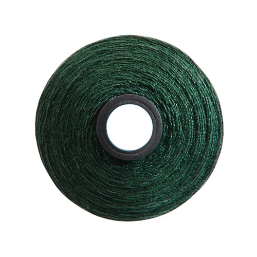 Close-up of a Magna-Quilt 50 weight cotton bobbin, size M, in Totem Green, with 132 yards of thread.
