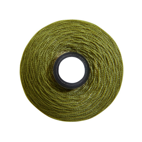 Close-up of a Magna-Quilt 50 weight cotton bobbin, size M, in Light Olive, with 132 yards of thread.
