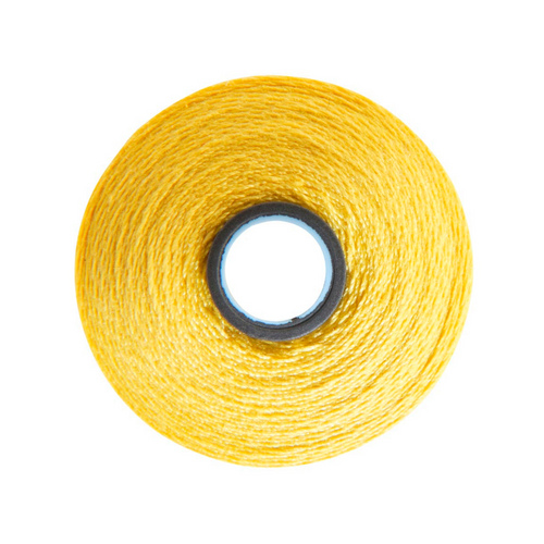 Close-up of a Magna-Quilt 50 weight cotton bobbin, size M, in Bright Yellow, with 132 yards of thread.
