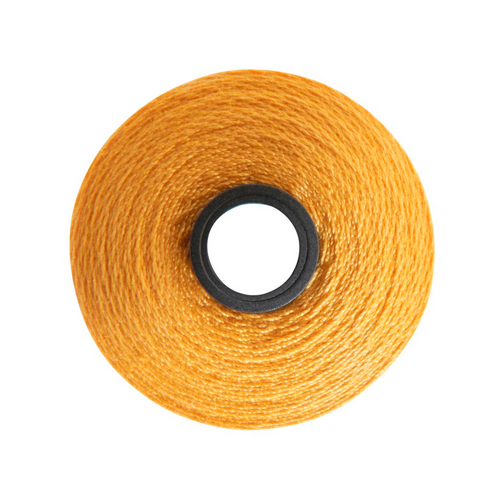 Close-up of a Magna-Quilt 50 weight cotton bobbin, size M, in Bright Gold, with 132 yards of thread.