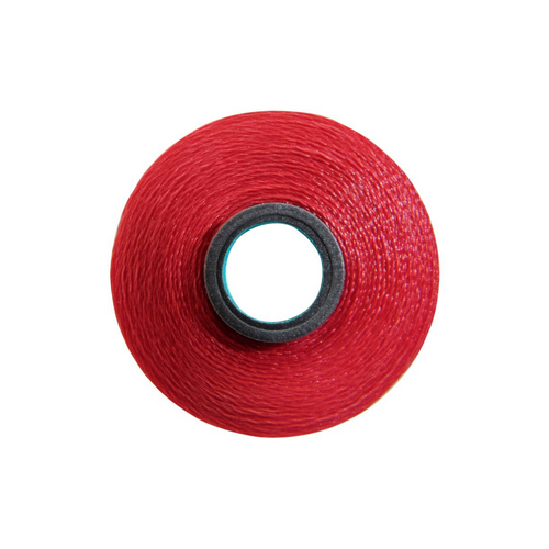 Close-up of a Glide 60 weight polyester bobbin in Candy Apple, size L, with 130 yards of fine thread.