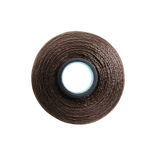 Close-up of a Glide 60 weight polyester bobbin in Brunette, size L, with 130 yards of fine thread.