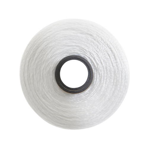 Close-up of a Glide 60 weight polyester bobbin in White, size M, with 210 yards of fine thread.