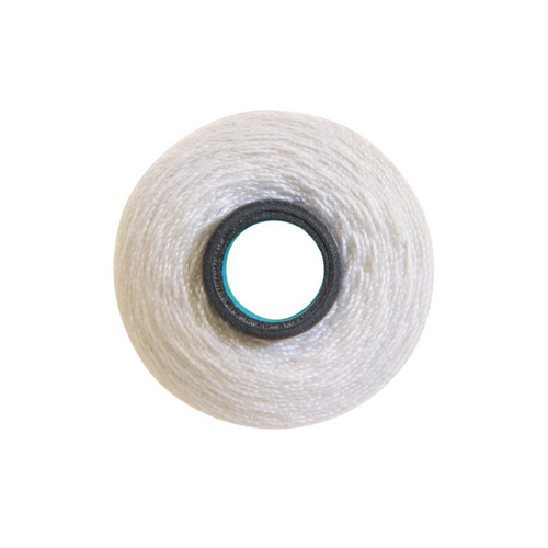 Close-up of a Magna-Soft 50 weight polyester bobbin, size L, in {Linen, holding 65 yards of thread.