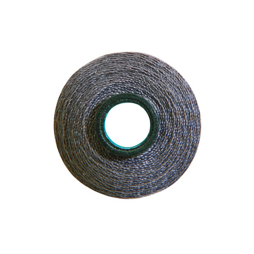 Close-up of a Magna-Soft 50 weight polyester bobbin, size L, in Lead Grey, holding 65 yards of thread.