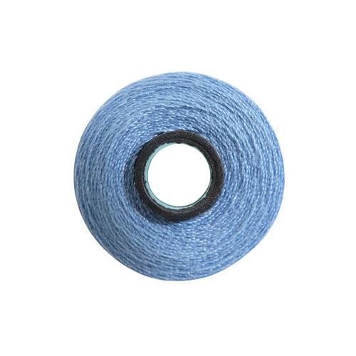 Close-up of a Magna-Soft 50 weight polyester bobbin, size L, in Hawaiian Blue, holding 65 yards of thread.