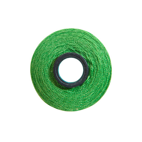 Close-up of a Magna-Soft 50 weight polyester bobbin, size L, in Turf, holding 65 yards of thread.