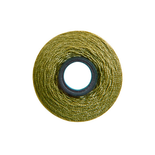 Close-up of a Magna-Soft 50 weight polyester bobbin, size L, in Light Olive, holding 65 yards of thread.
