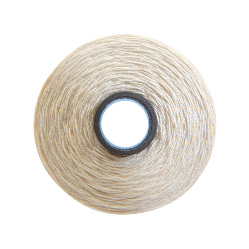 Close-up of a Magna-Soft 50 weight polyester bobbin, size M, in Cream, holding 118 yards of thread.