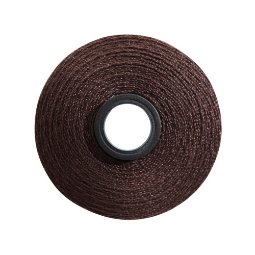 Close-up of a Magna-Soft 50 weight polyester bobbin, size M, in Dark Brown, holding 118 yards of thread.