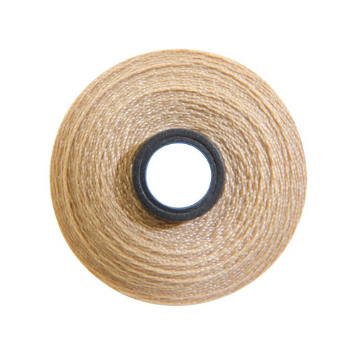 Close-up of a Magna-Soft 50 weight polyester bobbin, size M, in Khaki, holding 118 yards of thread.