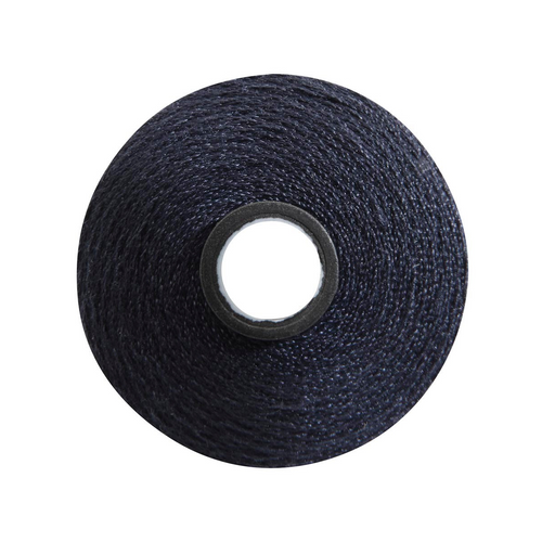Close-up of a Magna-Soft 50 weight polyester bobbin, size M, in Navy, holding 118 yards of thread.