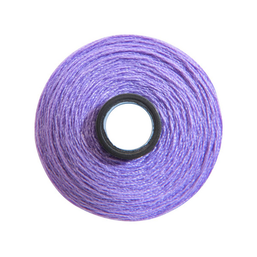 Close-up of a Magna-Soft 50 weight polyester bobbin, size M, in Lilac, holding 118 yards of thread.