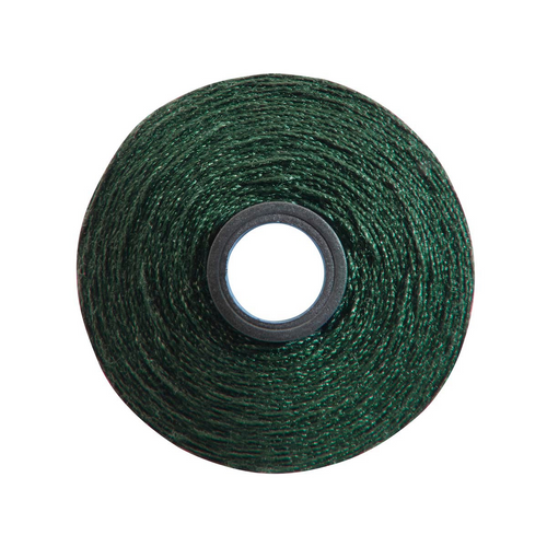 Close-up of a Magna-Soft 50 weight polyester bobbin, size M, in Totem Green, holding 118 yards of thread.