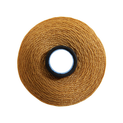 Close-up of a Magna-Soft 50 weight polyester bobbin, size M, in Honey Gold, holding 118 yards of thread.