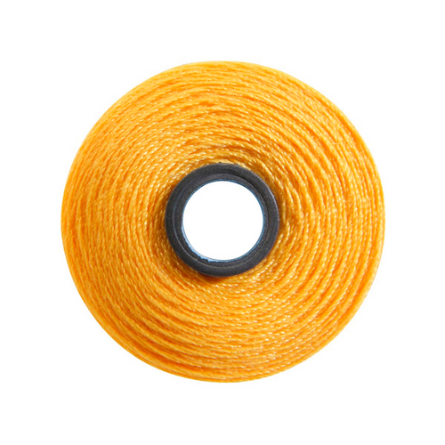 Close-up of a Magna-Soft 50 weight polyester bobbin, size M, in Bright Gold, holding 118 yards of thread.