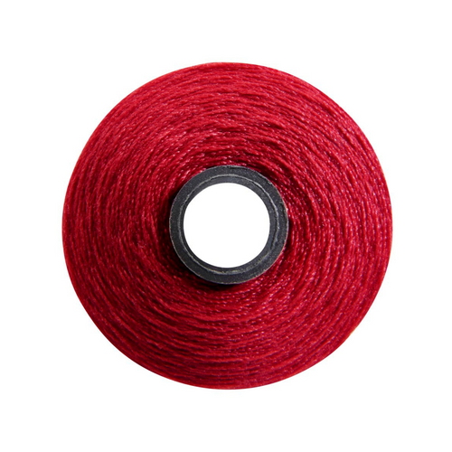 Close-up of a Magna-Soft 50 weight polyester bobbin, size M, in Candy Apple Red, holding 118 yards of thread.