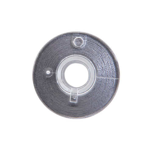 Close-up of a Clear-Quilt 50 weight plastic bobbin, size 15/A, in Lead Grey, with 67 yards of thread.