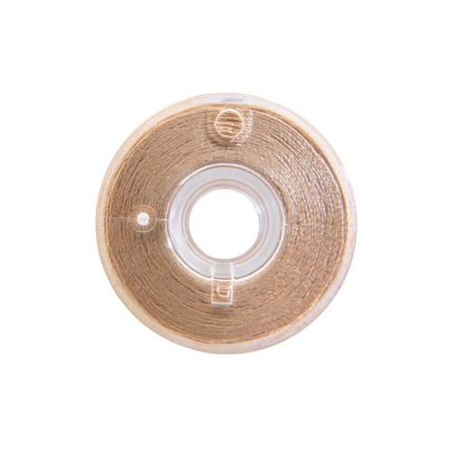 Close-up of a Clear-Quilt 50 weight plastic bobbin, size 15/A, in Light Tan, with 67 yards of thread.