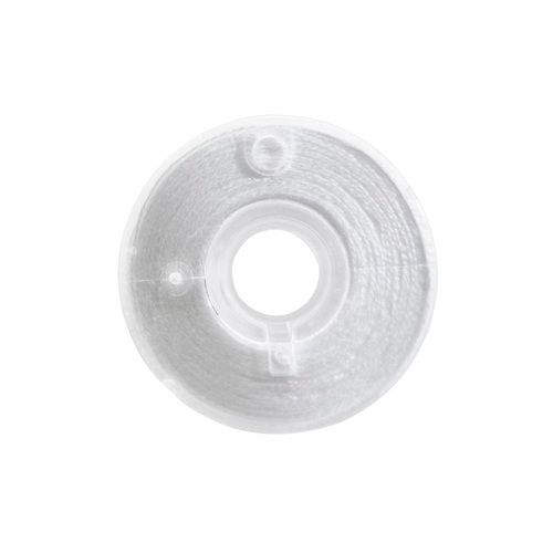 Close-up of a Clear-Quilt 50 weight plastic bobbin, size 15/A, in White, with 67 yards of thread.