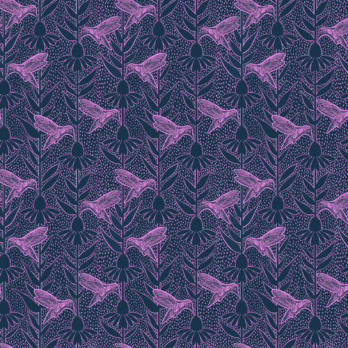 Humming Bird in Navy - Indelible Ink Yardage