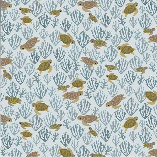 Close up of fabric pattern depicting green turtles and blue coral