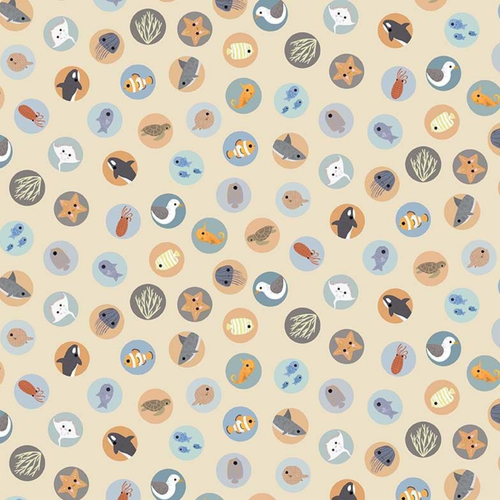 Close up of fabric with various marine animals inside of tiny circles