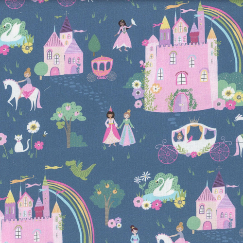 Close up of fabric with princesses, castles, animals, and a dark blue background