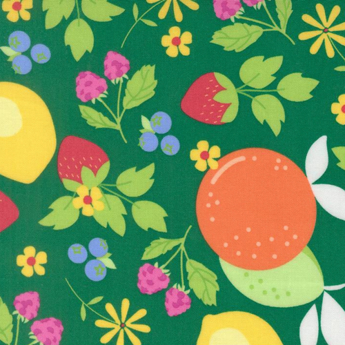 Close up of fabric with various fruits and flowers on a dark green background