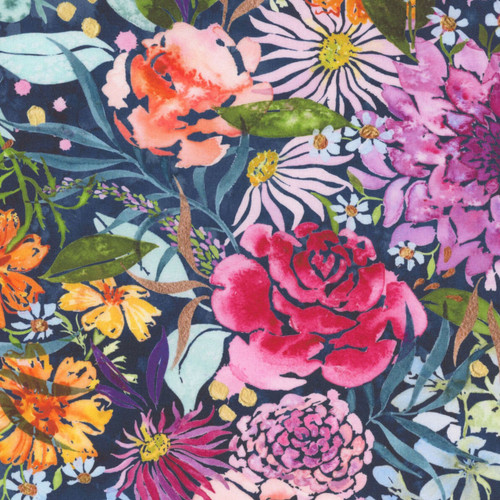 Close up of fabric with a variety of vibrant florals on a dark navy background 