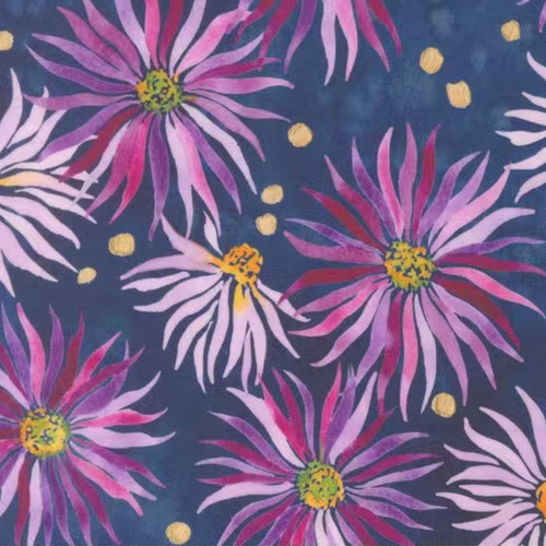 Close up of fabric with purple flowers on a dark navy background 