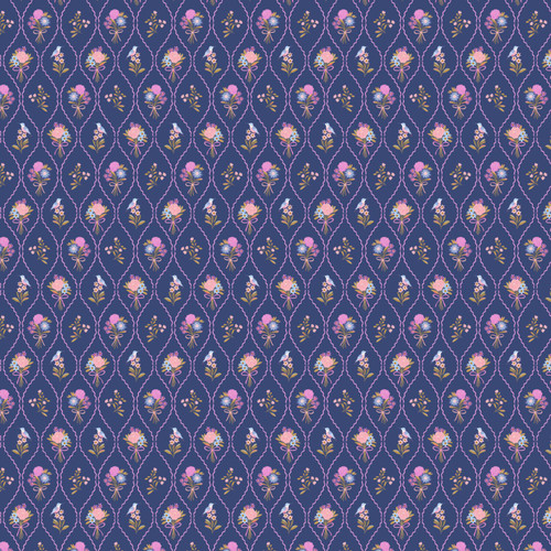 Close up of fabric with small floral bouqets on a dark blue background