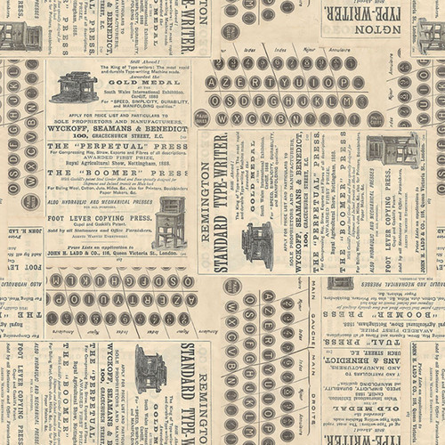 Close up of fabric with typewriter printed text and a neutral cream colored background
