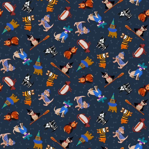 Close up of fabric with a variety of dogs in silly halloween costumes on a dark blue background with a bone pattern