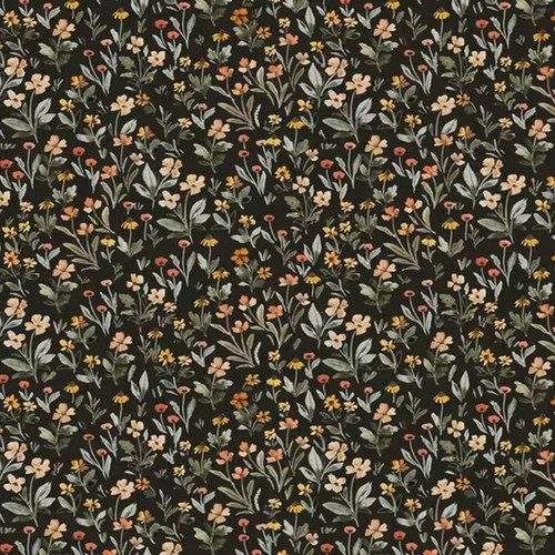 Close up of fabric with various flowers on a black background